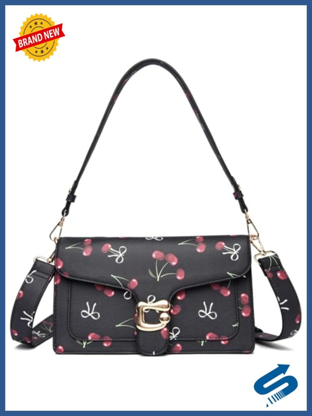 Small Vegan Leather Crossbody Purse with 2 Straps - Shoulder Bag Cherry Print